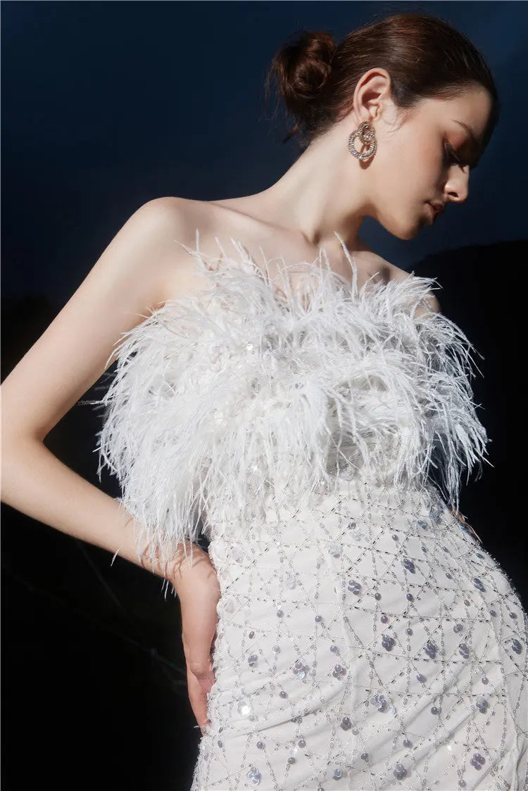 White Haute Couture Feather Sequin Dress