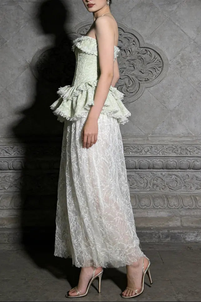Fitted Lace-Paneled Maxi Dress in Green