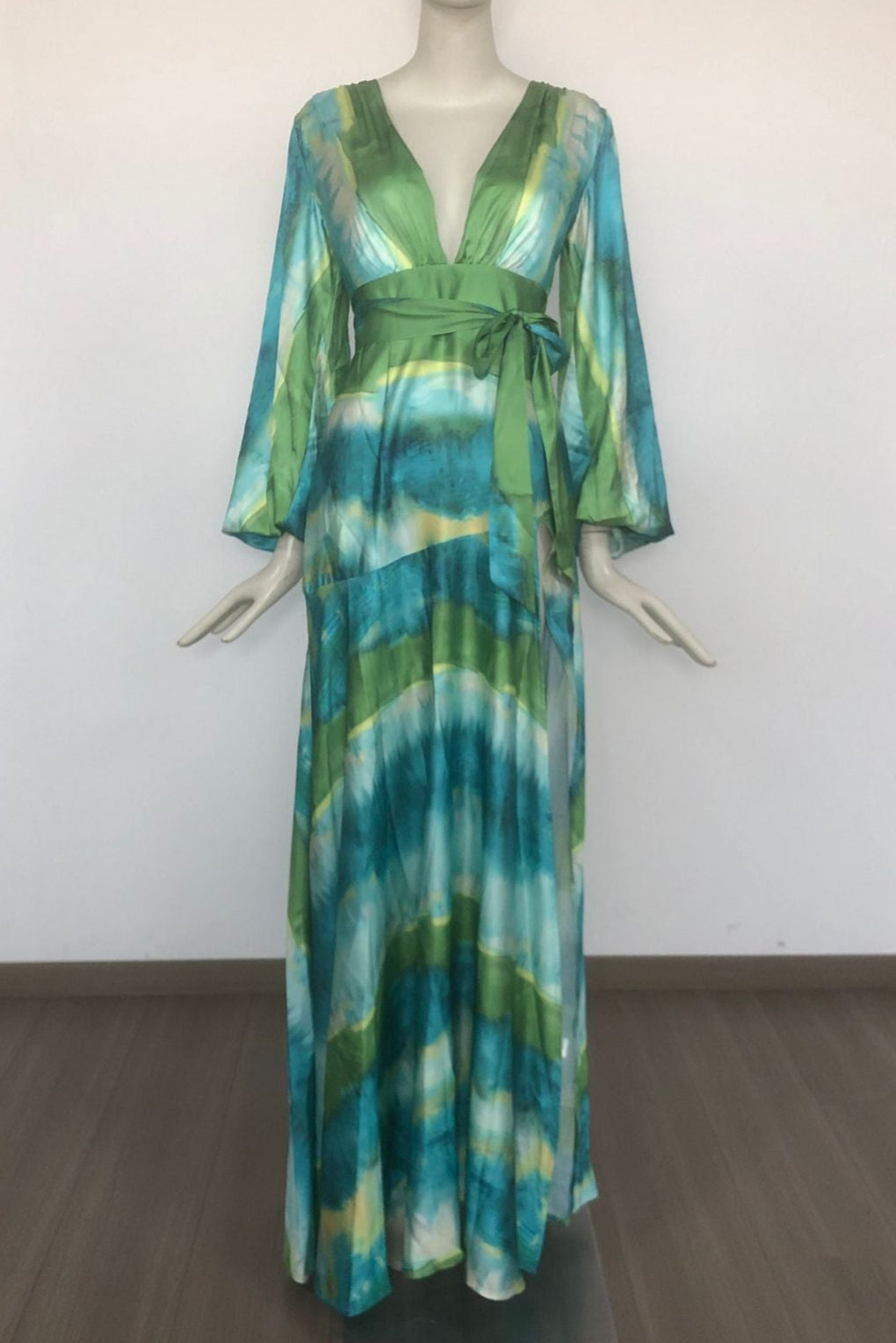 Green Floral Print Puff Sleeve Maxi Dress