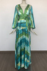 Green Floral Print Puff Sleeve Maxi Dress