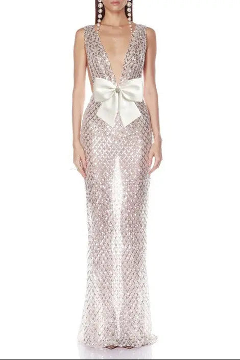 Sequin Embellished V Neck Maxi Dress in Silver