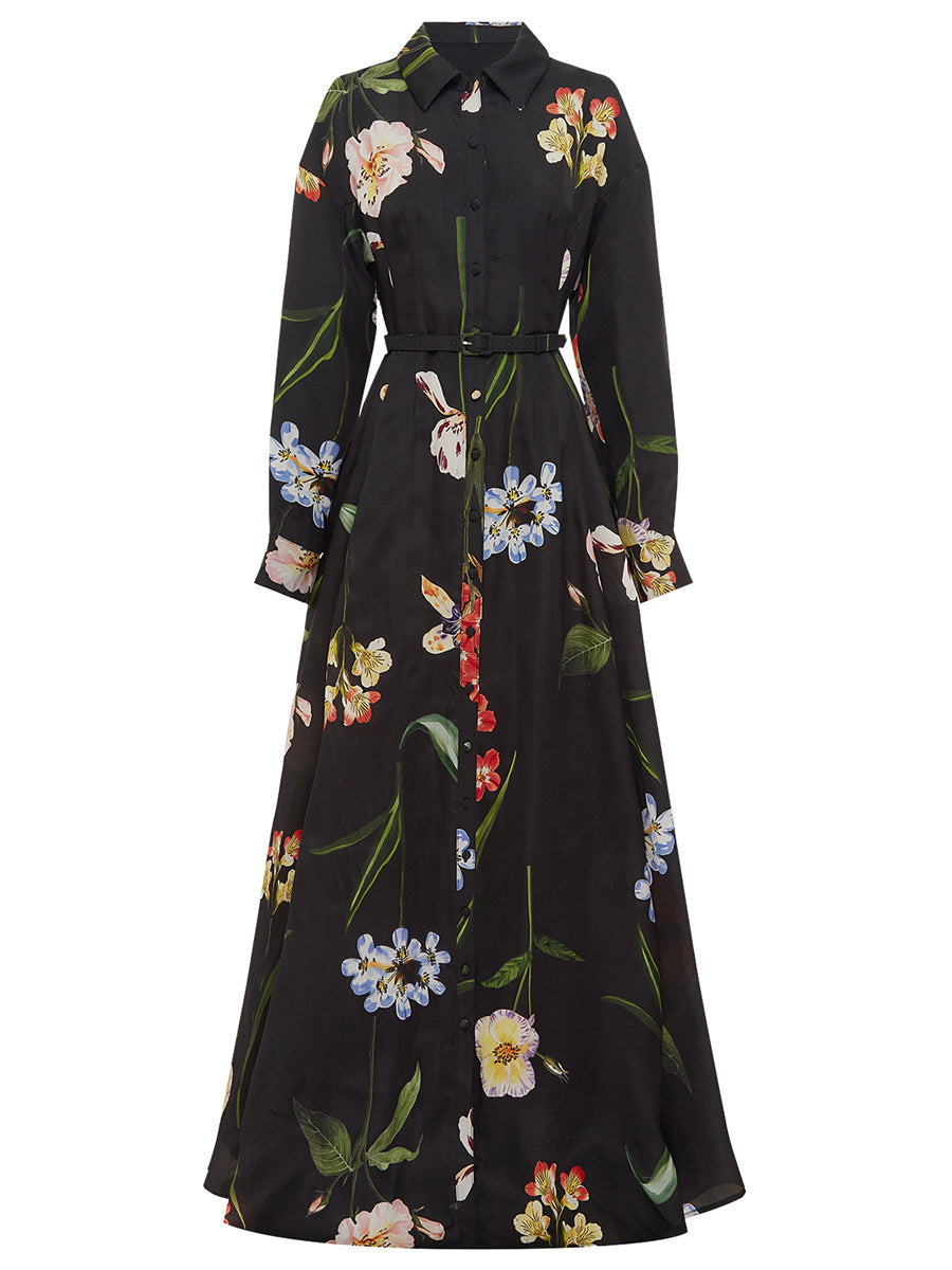 Black Floral Print Shirt Maxi Dress with Slit