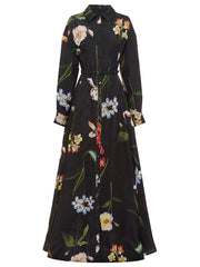 Black Floral Print Shirt Maxi Dress with Slit