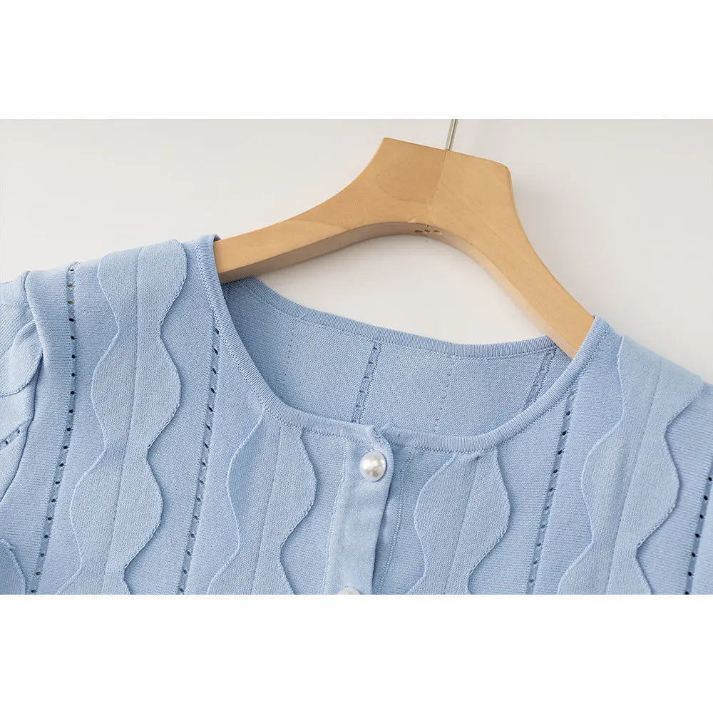 Blue Geometric Circle Pattern Cardigan Skirt Two-piece Set