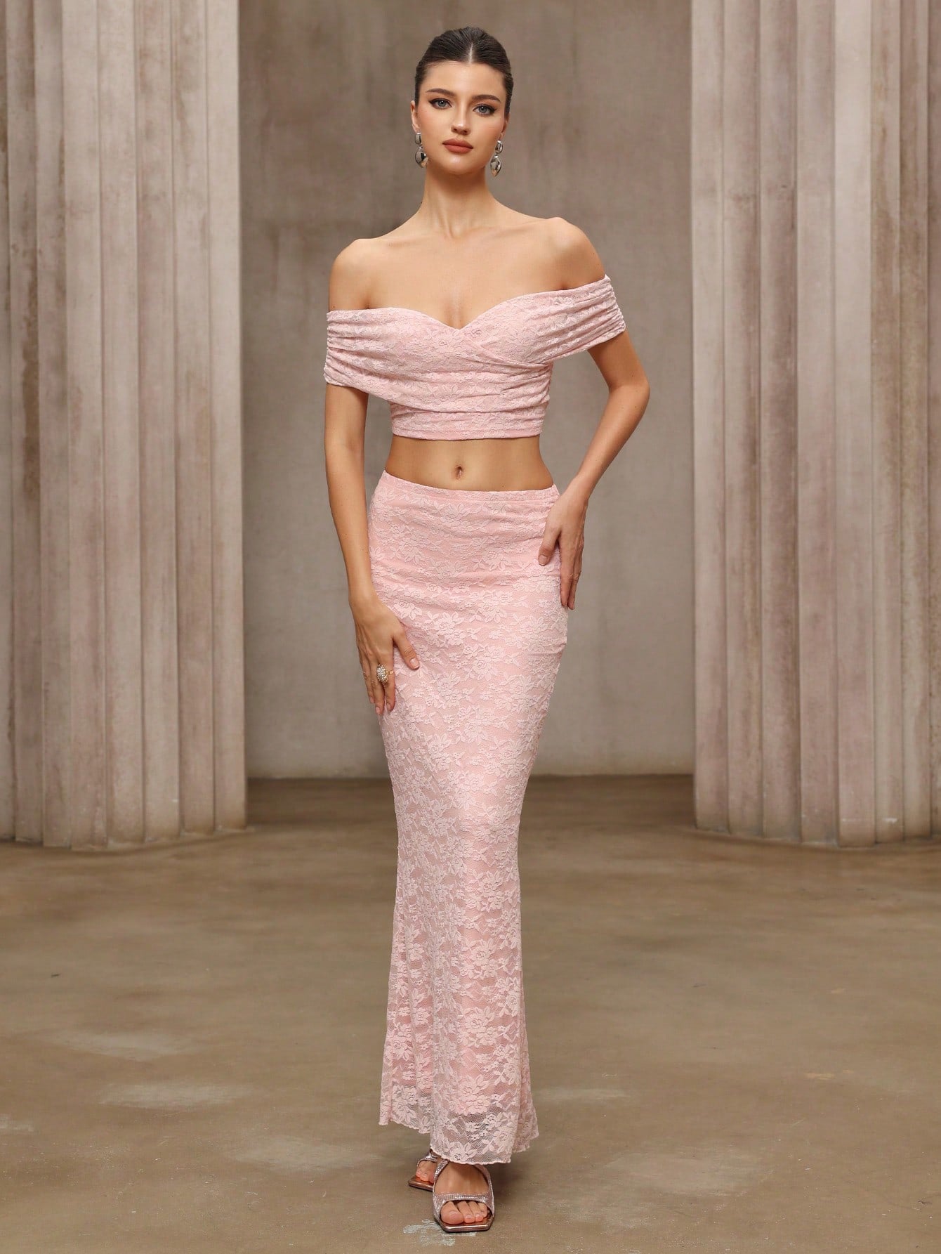 Pink Lace Off-Shoulder Top and Skirt Set