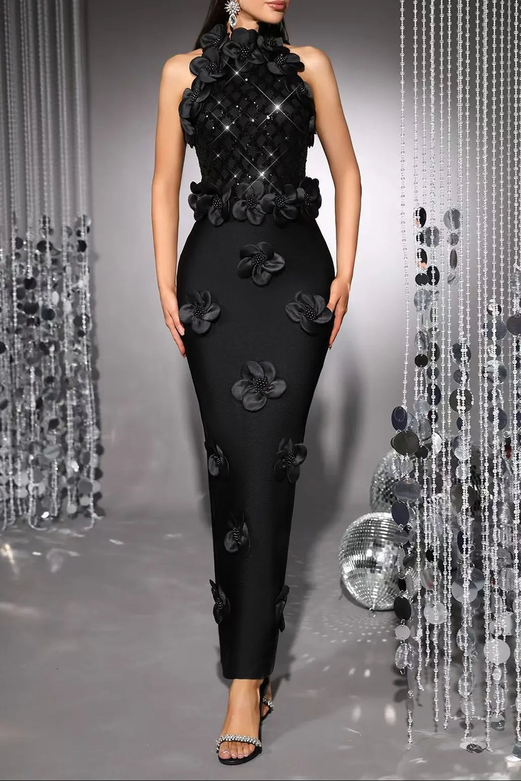 3D Flower Sequin Halter Bandage Maxi Dress in Black