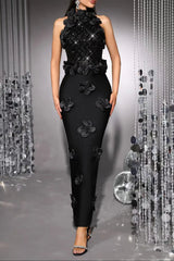 3D Flower Sequin Halter Bandage Maxi Dress in Black