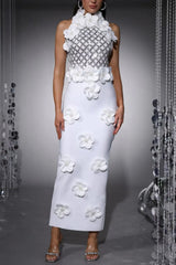 3D Flower Sequin Halter Bandage Maxi Dress in White
