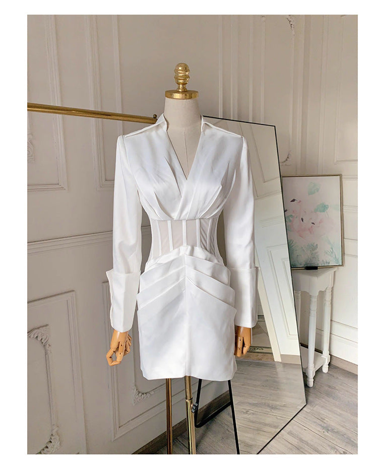 Deep V See-Through Fishbone Hip Blazer Mini Dress in White