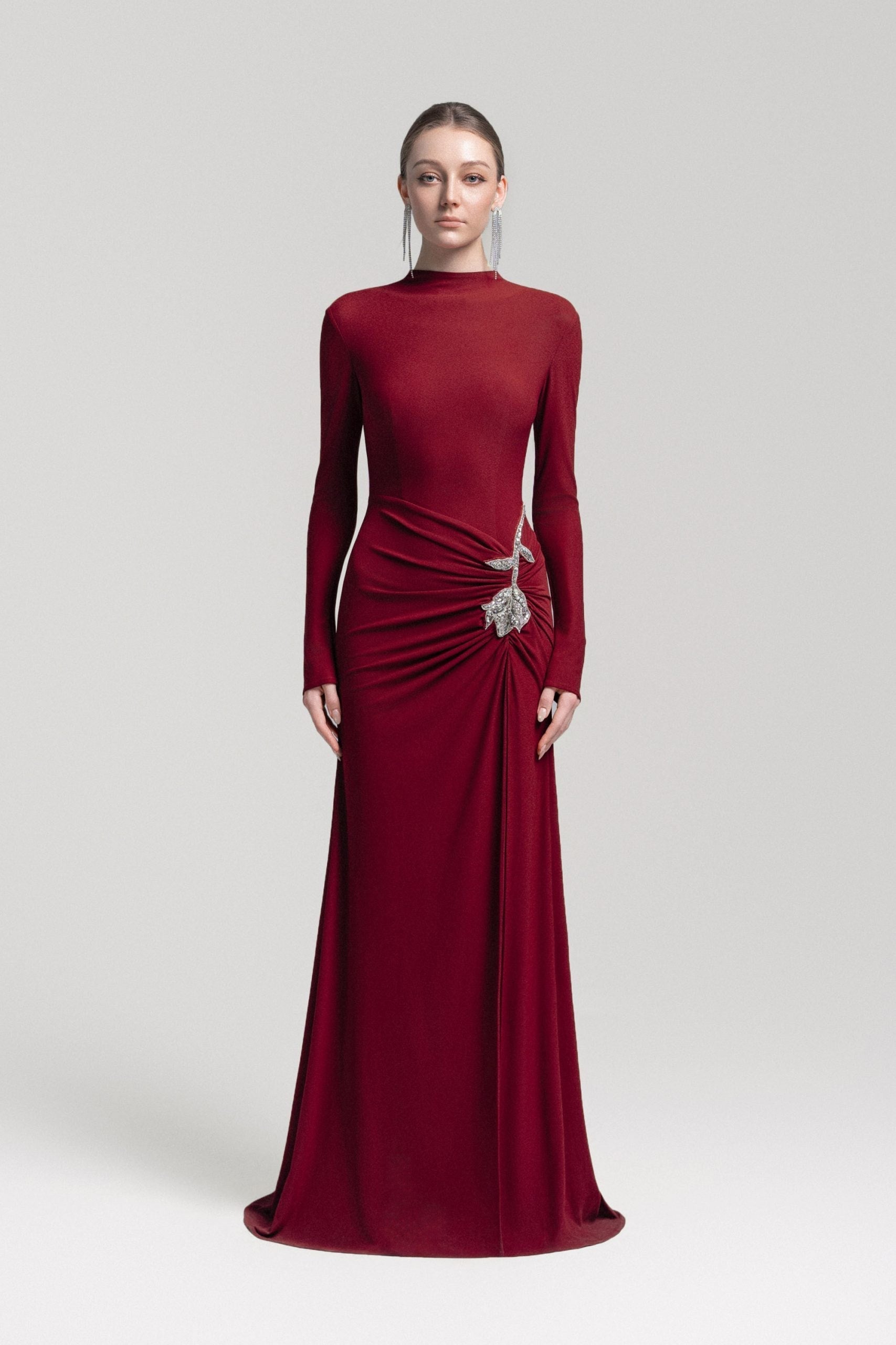 Rose Embellished Sheath Gown in Red