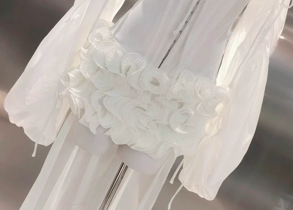 Off Shoulder Sheer Sleeve Corset Ruffle High Low Mini Dress