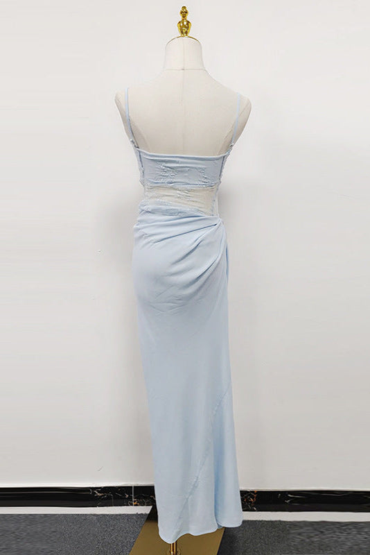 Hollow Suspenders with Ruffles Maxi Dress in Blue