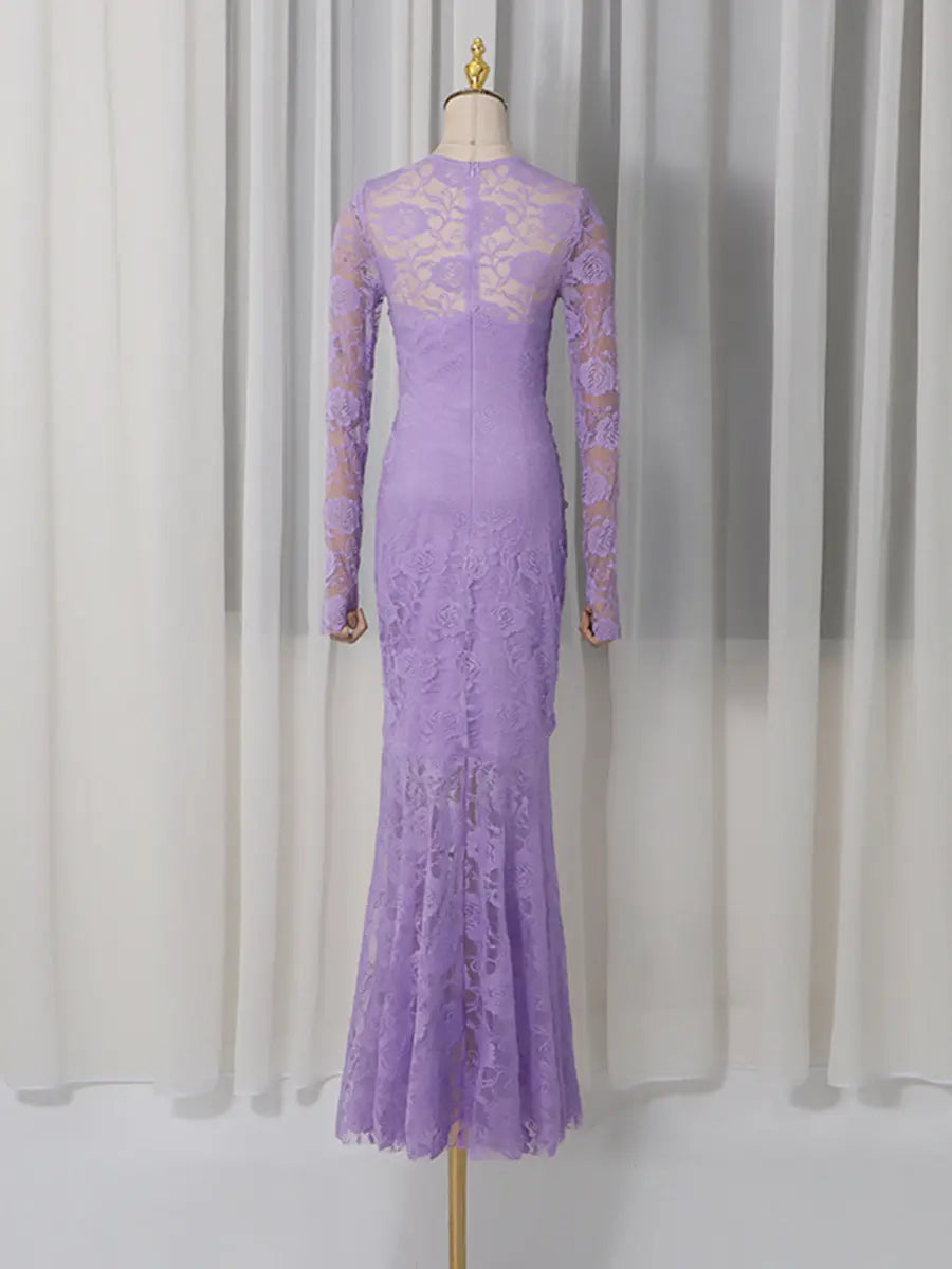 Lace Hollow Ruched Bodycon Long Sleeve Maxi Dress in Purple