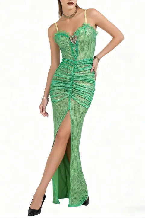 High Sequin Maxi Dress in Green
