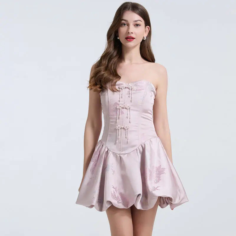Fishbone Bodice A-Line Mini Dress in Pink