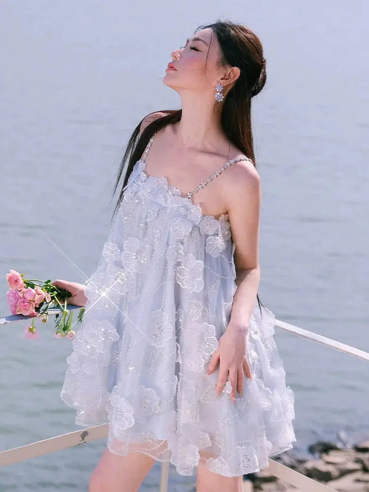Light Blue Sleeveless Flower Diamond Short Doll Dress