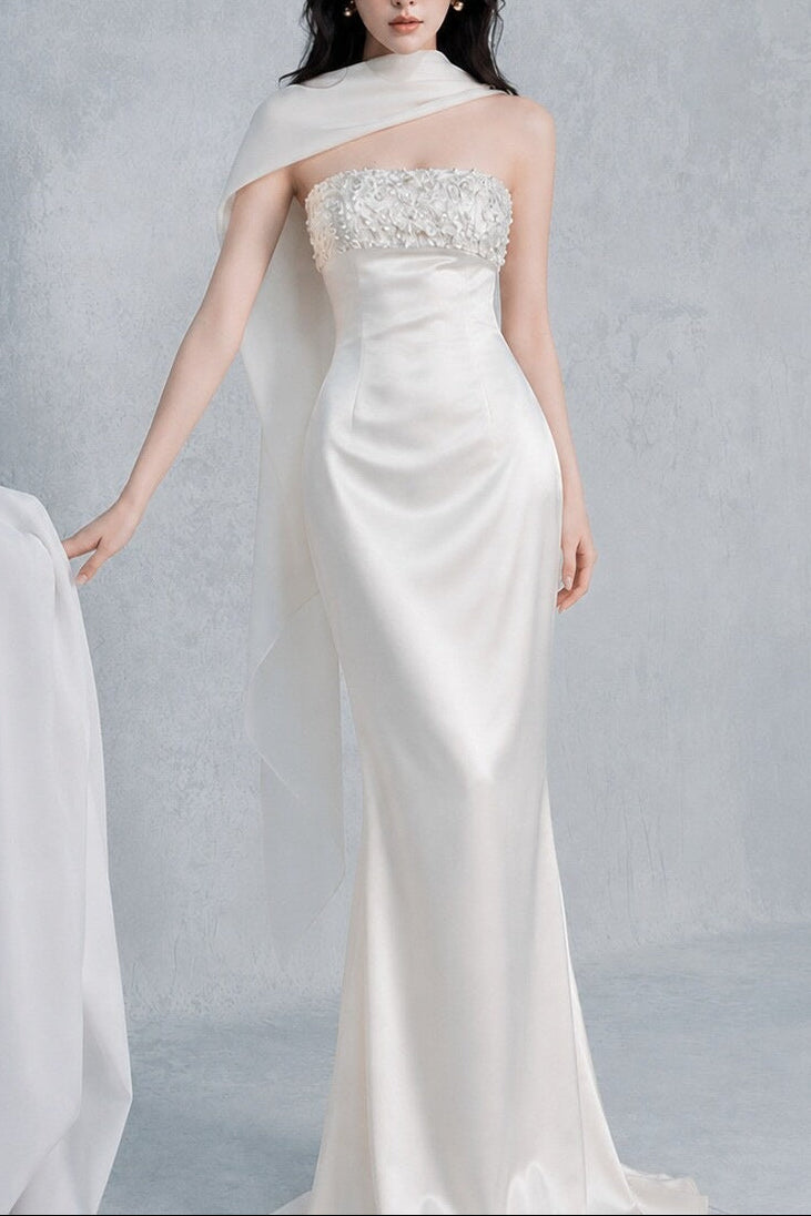 Rhinestone Embellish Satin Maxi Dress - White