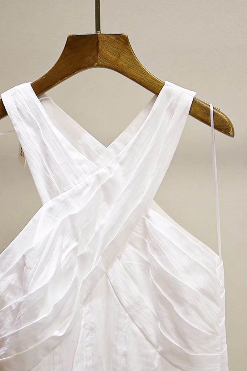 High Crossover V-Neck Maxi Dress in White