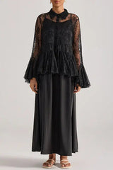 Black Lace Bell-Sleeve Ruffle Embroidered top maxi skirt set