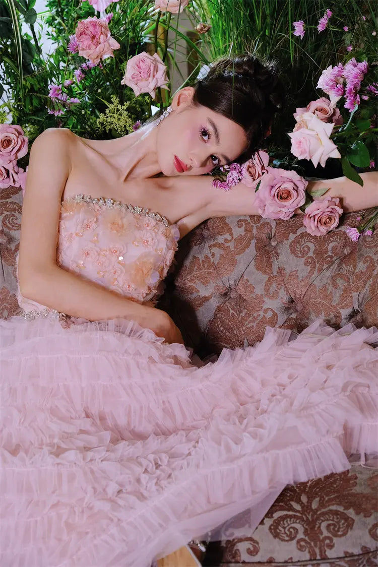 Pink Princess Ruffle Midi Floral Embroidery Dress
