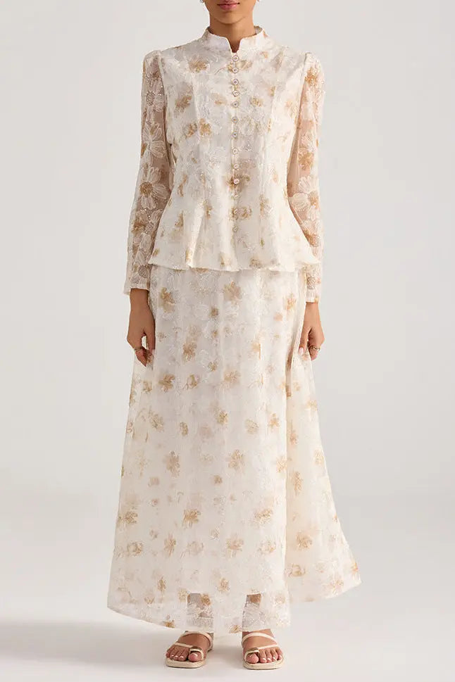 Yellow Floral Embroidered Long-Sleeve Top Skirt Set