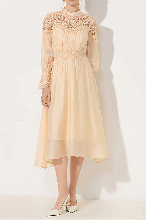 Cecilia Lantern Sleeves Openwork Trim Midi Dress