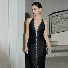 Halter Rhinestone Bandage Midi Dress in Black