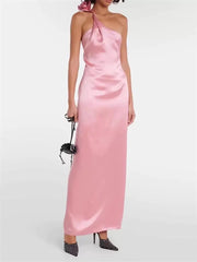 One-Shoulder 3D Flower Satin Maxi Dress in Pink