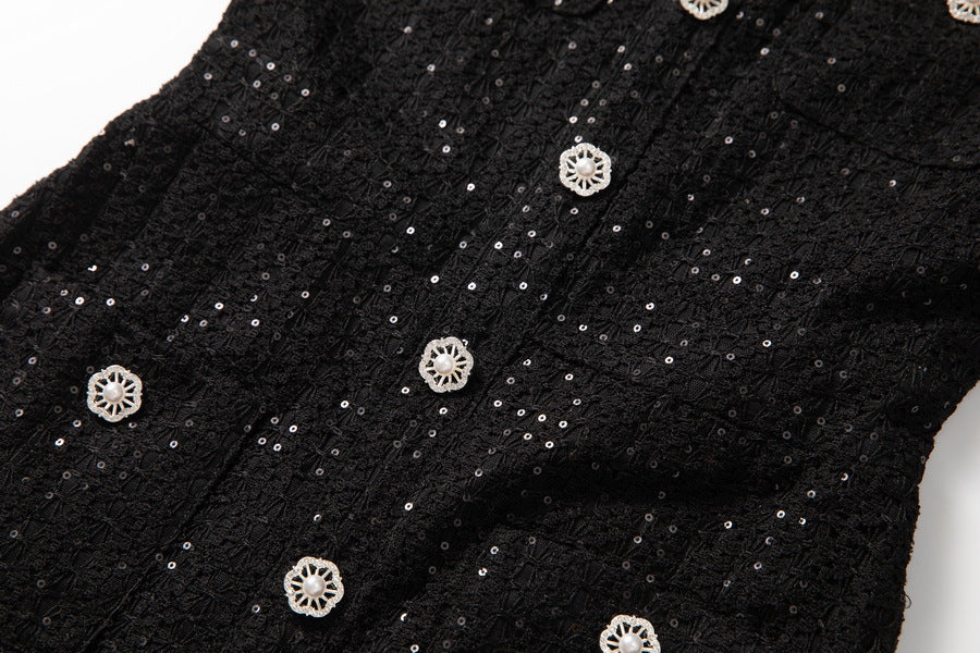Round Neck Short Sleeves Sequin Maxi Dress in Black