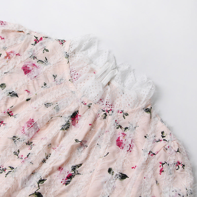 Lace-Trim Long-Sleeve Floral Midi Dress in White