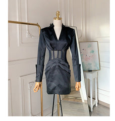 Deep V See-Through Fishbone Hip Blazer Mini Dress in Black