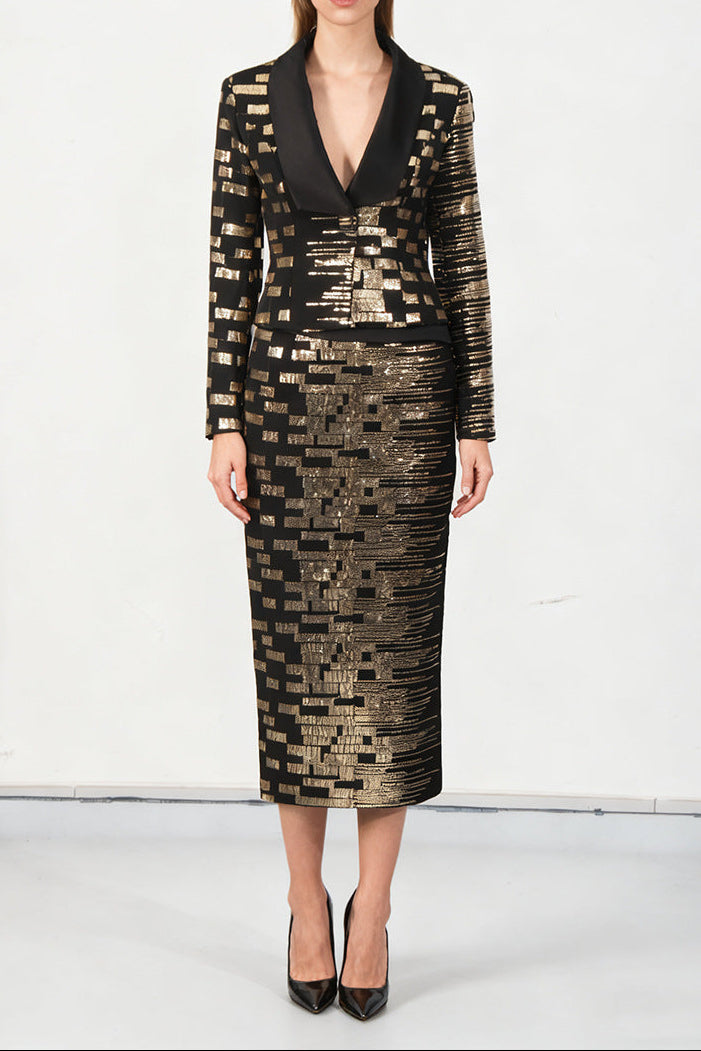 High-Waisted Skirt Gold Sequin Print Blazer Suit in Black