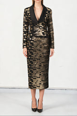 High-Waisted Skirt Gold Sequin Print Blazer Suit in Black
