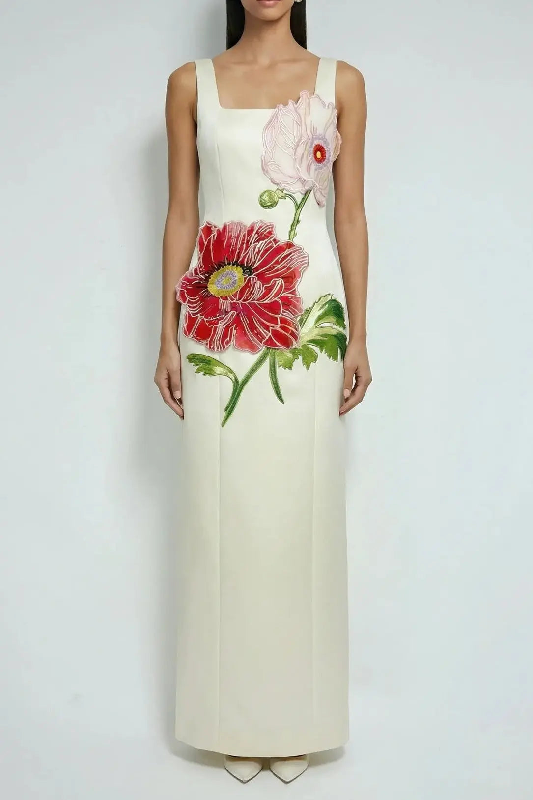 Square Neck Flower Embroidery Satin Maxi Dress in Apricot