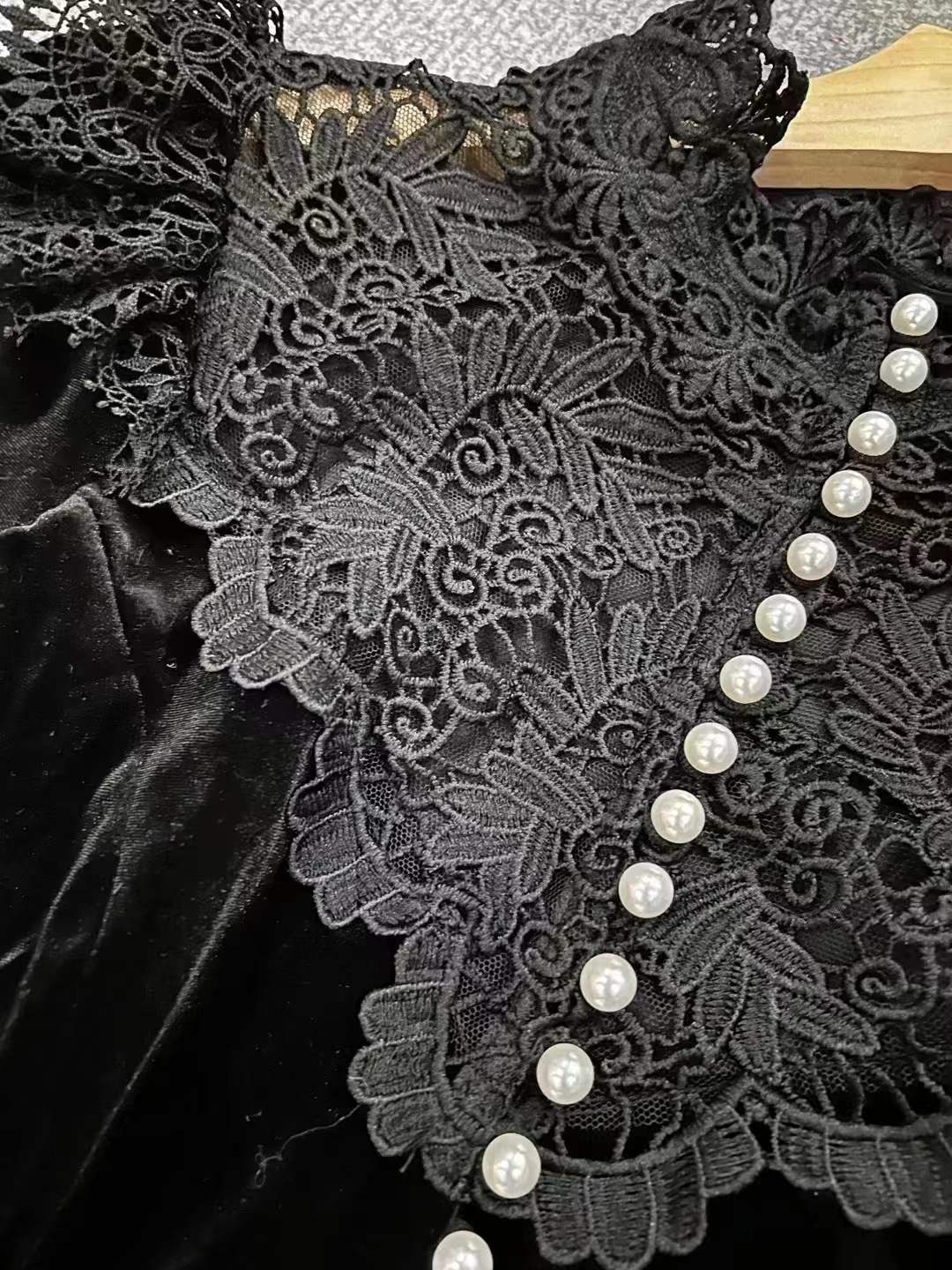 Black Long Sleeve Midi Dress with Lace and Pearls
