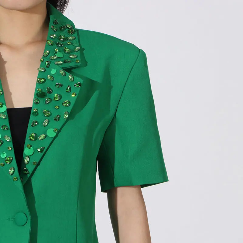 Green Flower Embellished Blazer with Wide-Leg Trousers Set