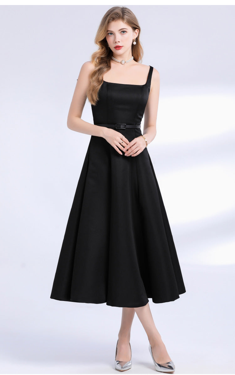 Square Neck Satin Slip Midi Dress - Black