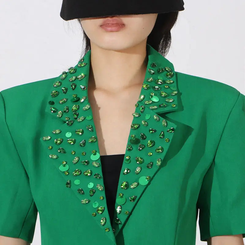 Green Flower Embellished Blazer with Wide-Leg Trousers Set