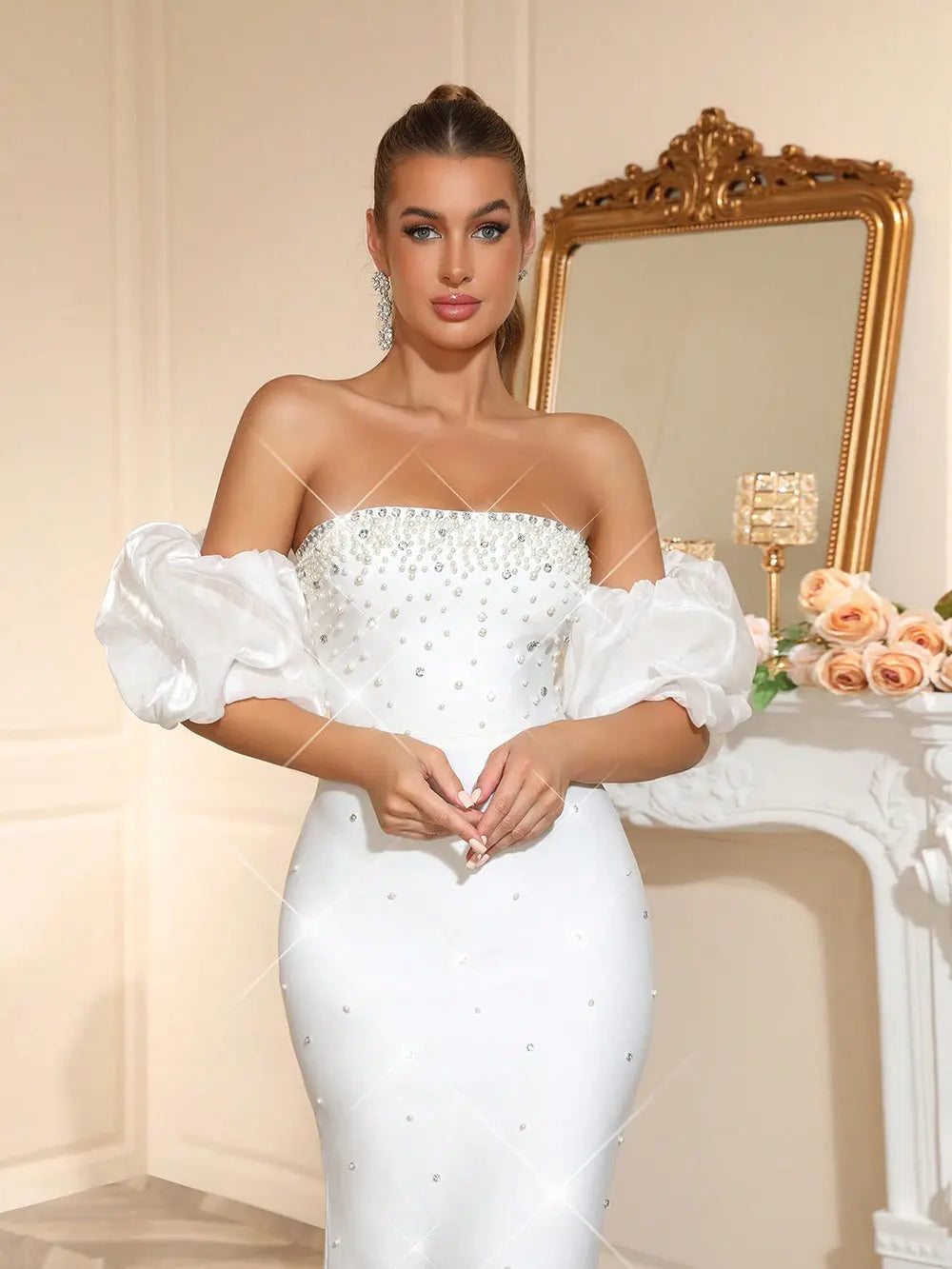 Rhinestone Beading Maxi Dress In White