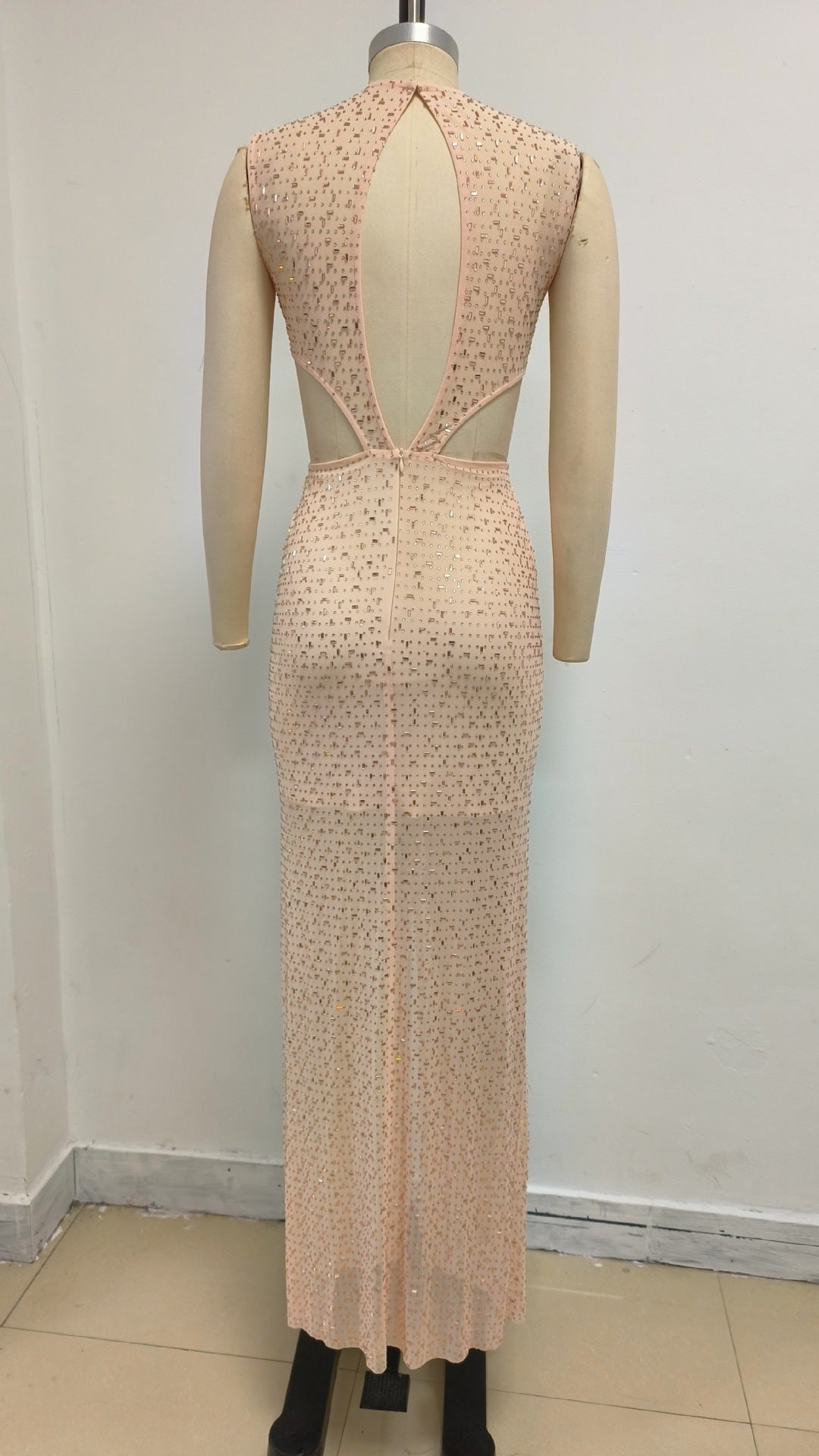 Flower Sequin Cutout Maxi Dress in Apricot