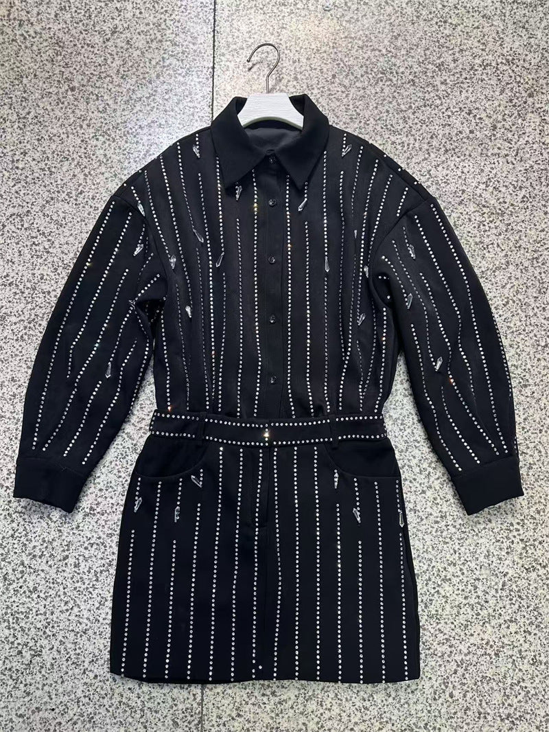 Collar Rhinestone Shirt Mini Dress in Black