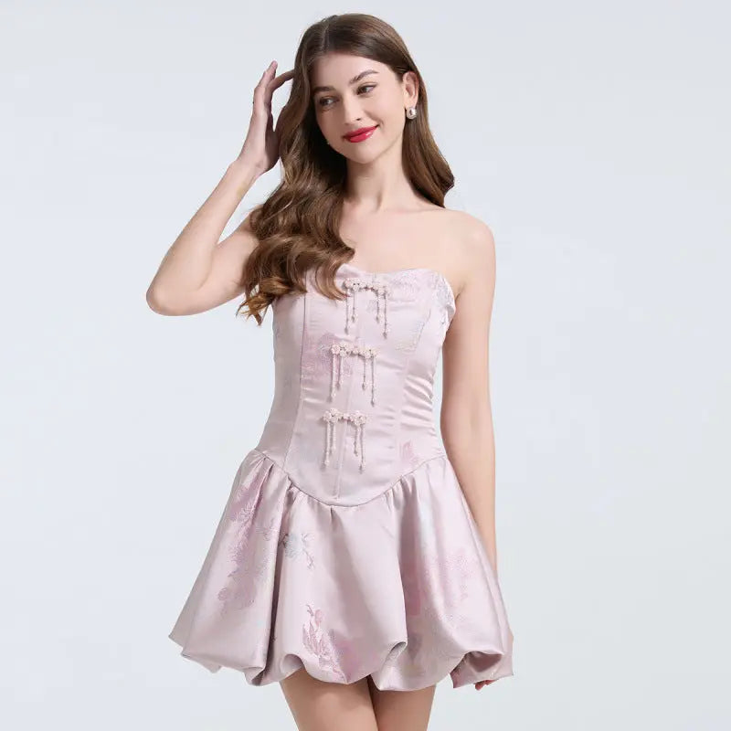 Fishbone Bodice A-Line Mini Dress in Pink