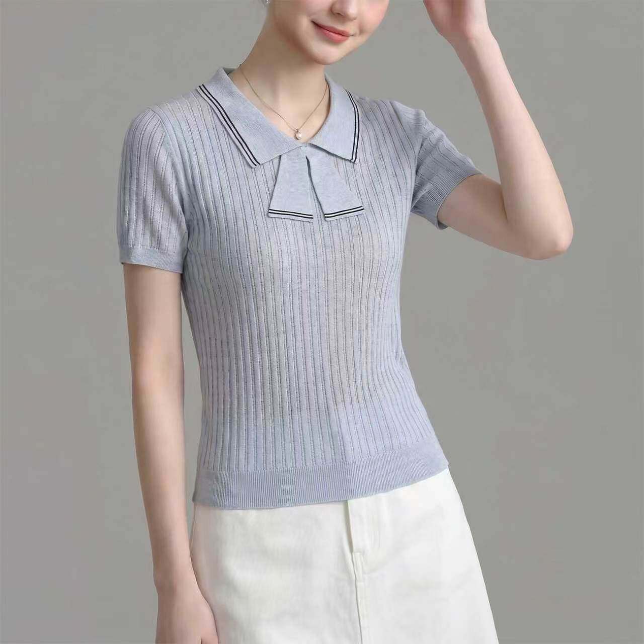 Collar Tie Ribbed Knit Short Sleeve Top