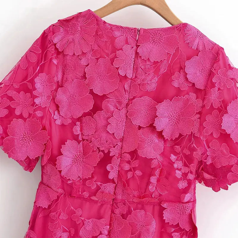 Puff Sleeve V-Neck Embroidery Midi Dress in Rose Red
