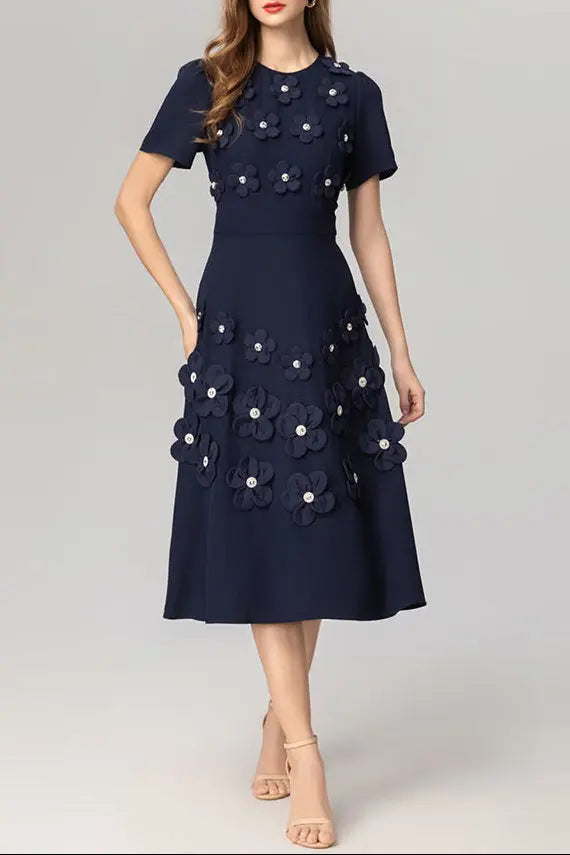 3D Flower Midi Dress in Navy Blue