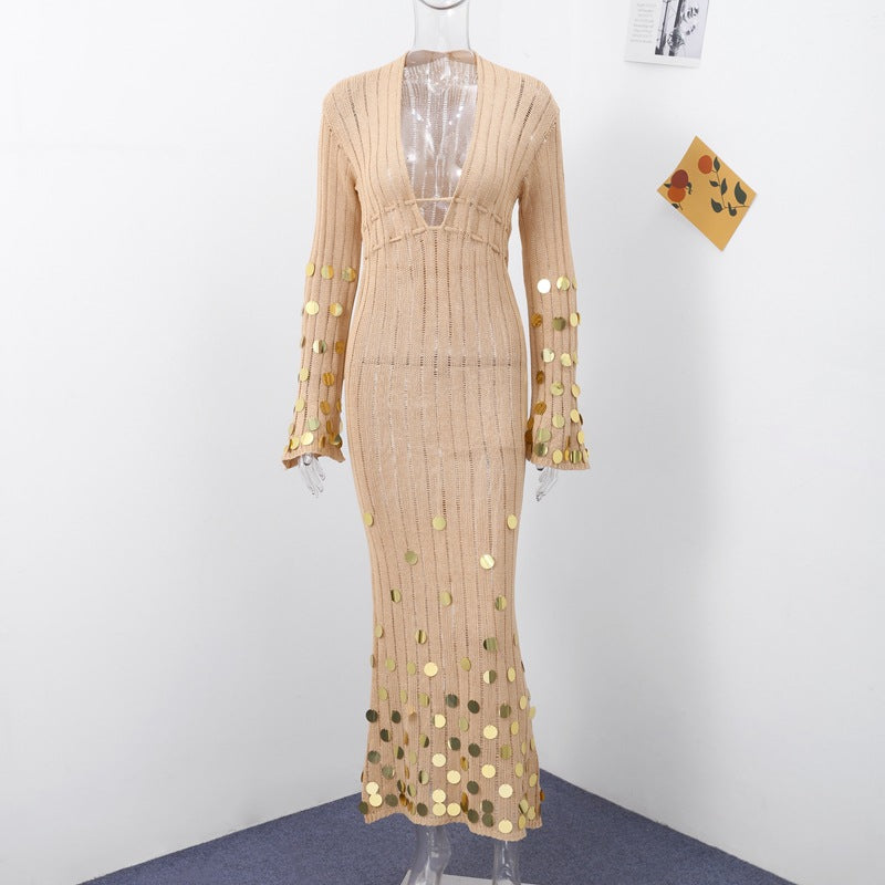 Golden Aura V-Neck Knitted Maxi Dress