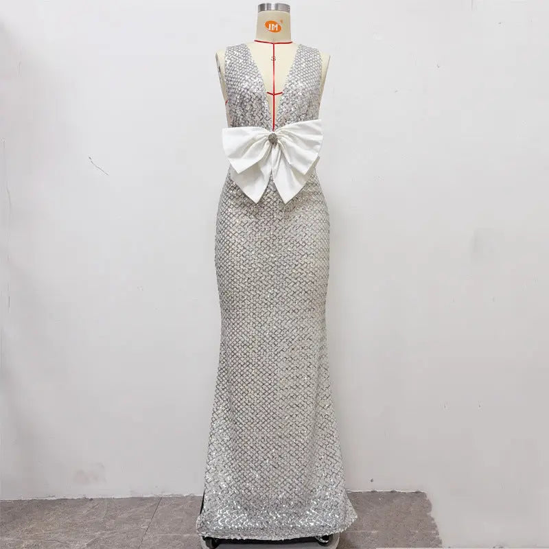 Sequin Embellished V Neck Maxi Dress in Silver