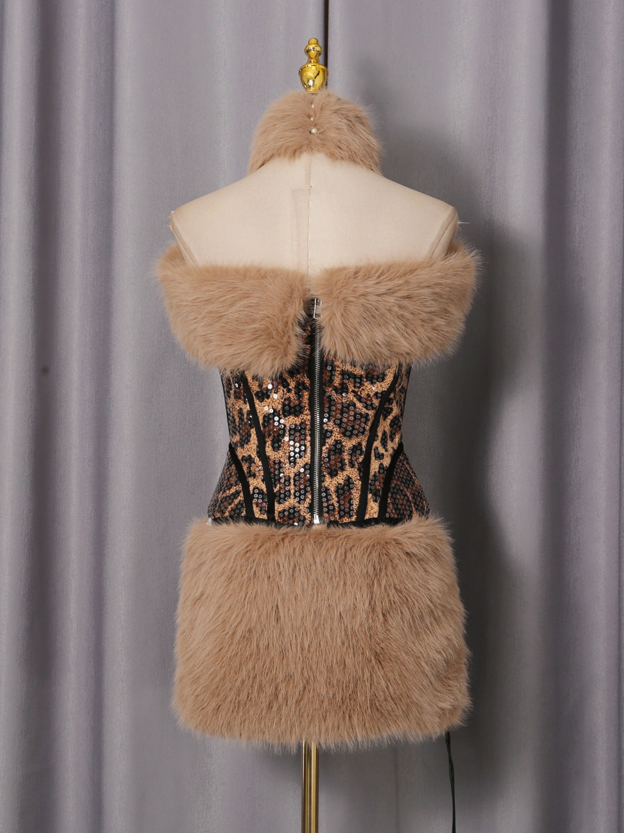 Fur Sequin Skirt Set