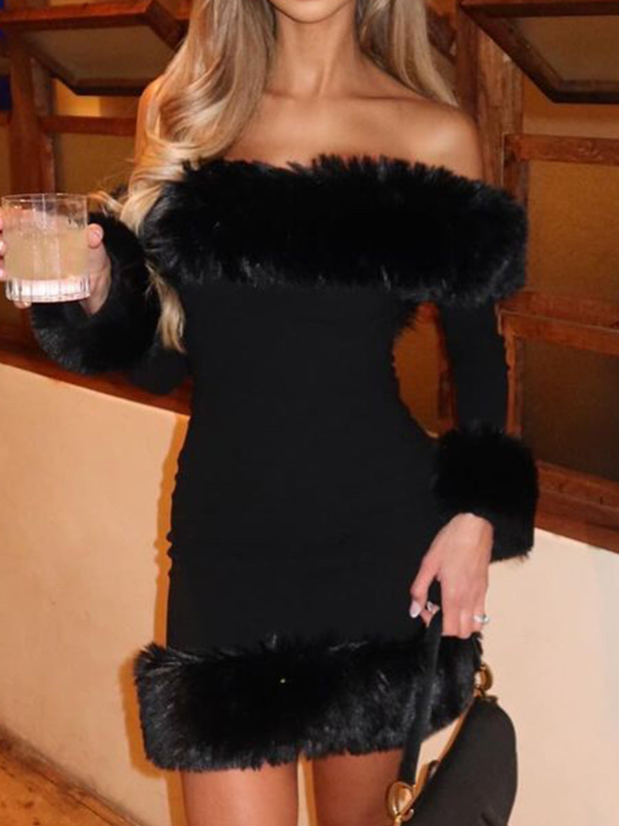 Black Long-Sleeve Off-Shoulder Mini Dress with Fuzzy Details