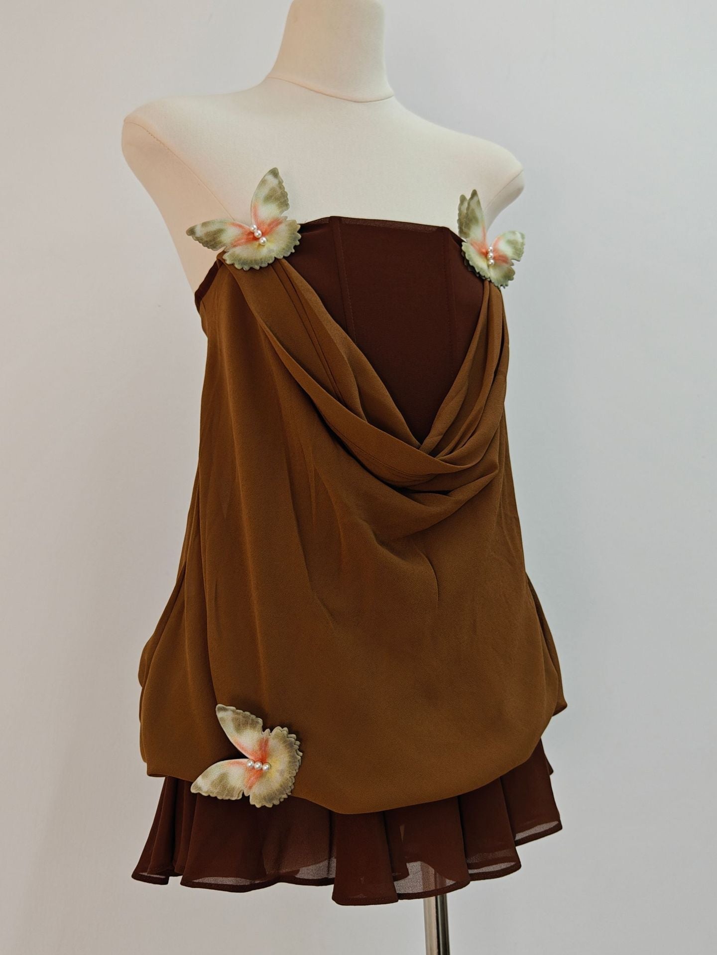 Brown 3D Fishbone Top Mini Skirt Set